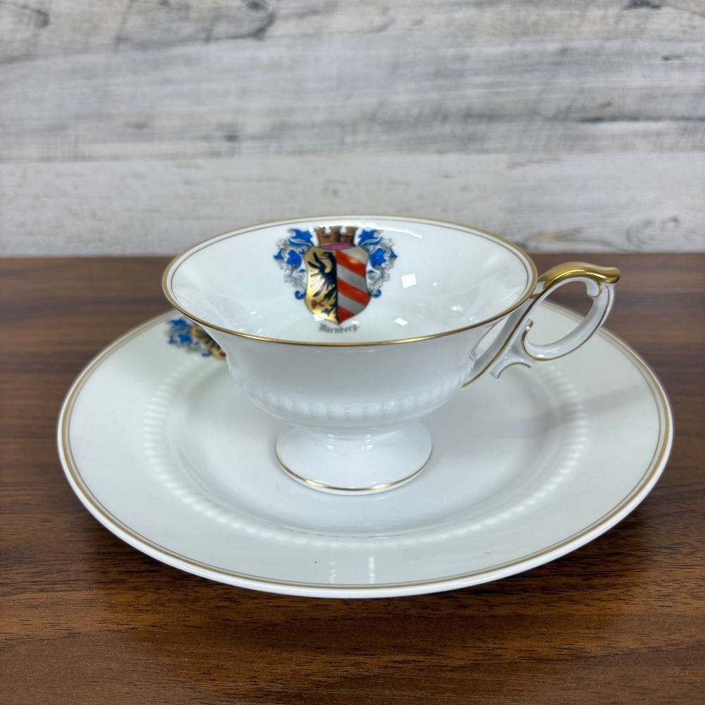 ANTIQUE VOLKSTEDT‎ Porcelain Coat of Arms Nuremberg Germany Teacup and Saucer